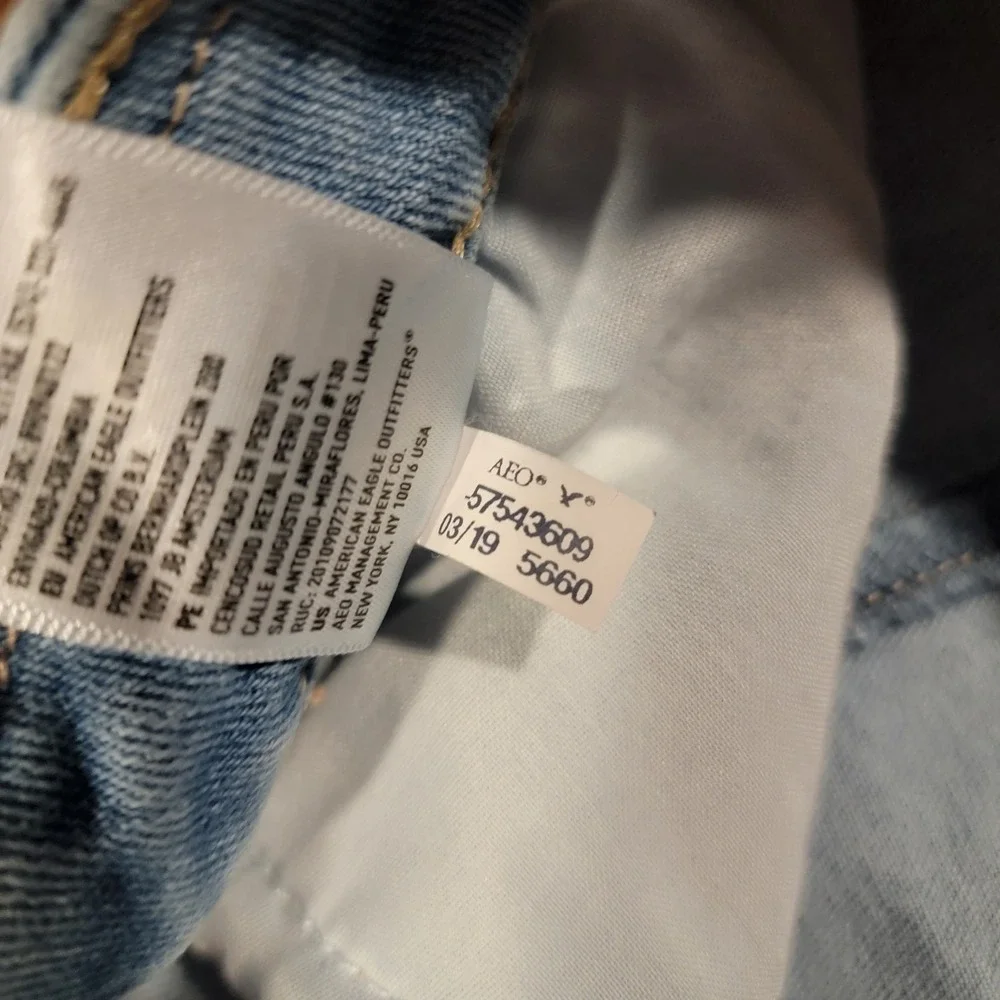 American Eagle High Rise Jean Skirt Rivet Buttons Faded Wash Blue Stretch 00‎